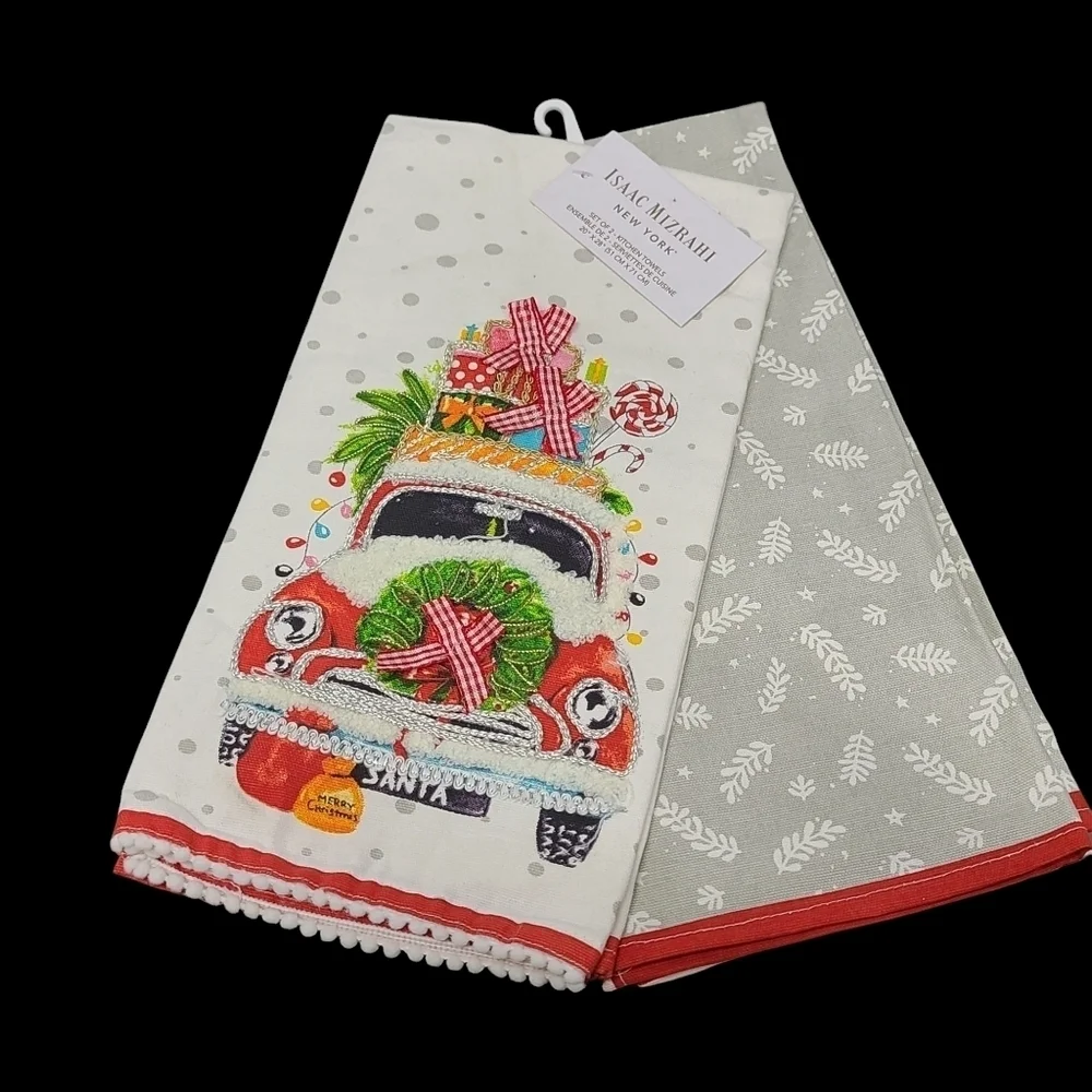 x2 Isaac Mizrahi Embellished 3D Christmas Red Truck Kitchen Towel Set New